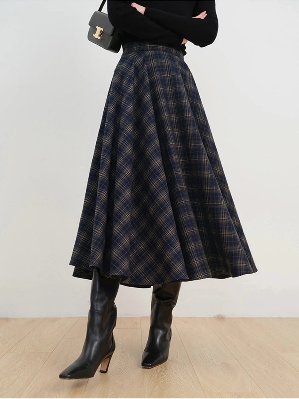 NWT COMMENSE Keep In Check Plaid Midi Skirt Navy Blue A-Line Size Large